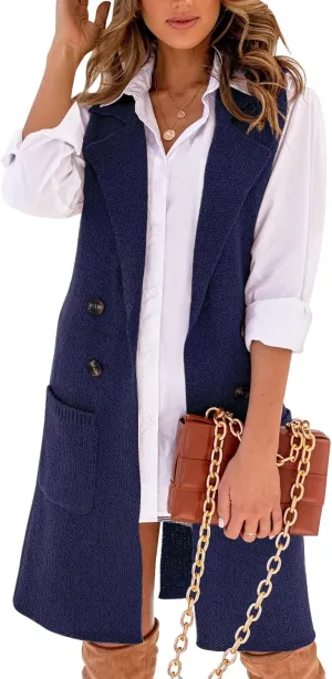 IDEALSANXUN Womens Long Sweater Vest Fall Winter Sleeveless Knit Cardigan Outerwear