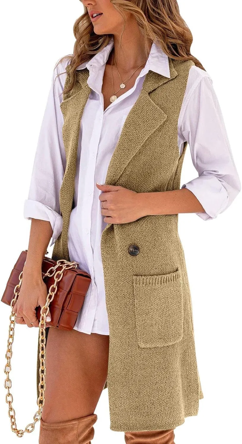 IDEALSANXUN Womens Long Sweater Vest Fall Winter Sleeveless Knit Cardigan Outerwear