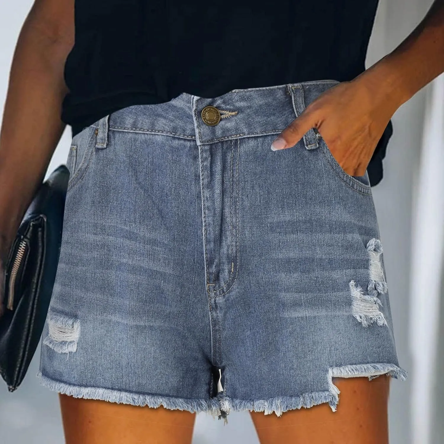 Jean Shorts for Women High Waisted Stretchy Distressed Denim Shorts Ripped Frayed Raw Hem Summer Casual Short Pants