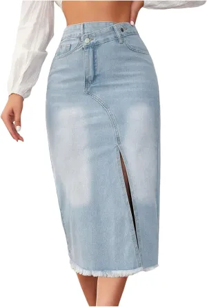 Jean Skirt for Women Denim Skirt with Pockets Mid High Waist Stretchy Bodycon Midi Skirts Skirt Suits for Women