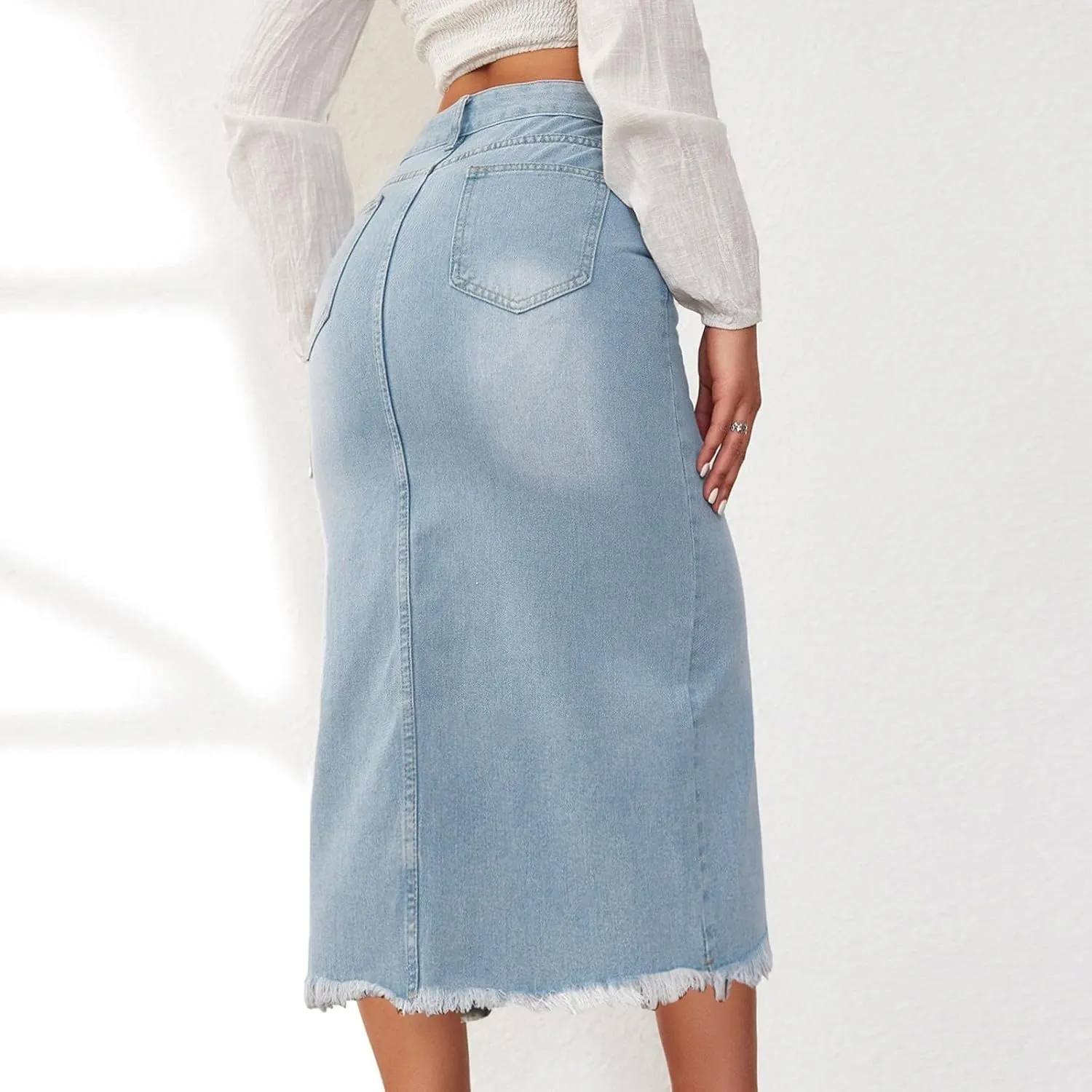 Jean Skirt for Women Denim Skirt with Pockets Mid High Waist Stretchy Bodycon Midi Skirts Skirt Suits for Women