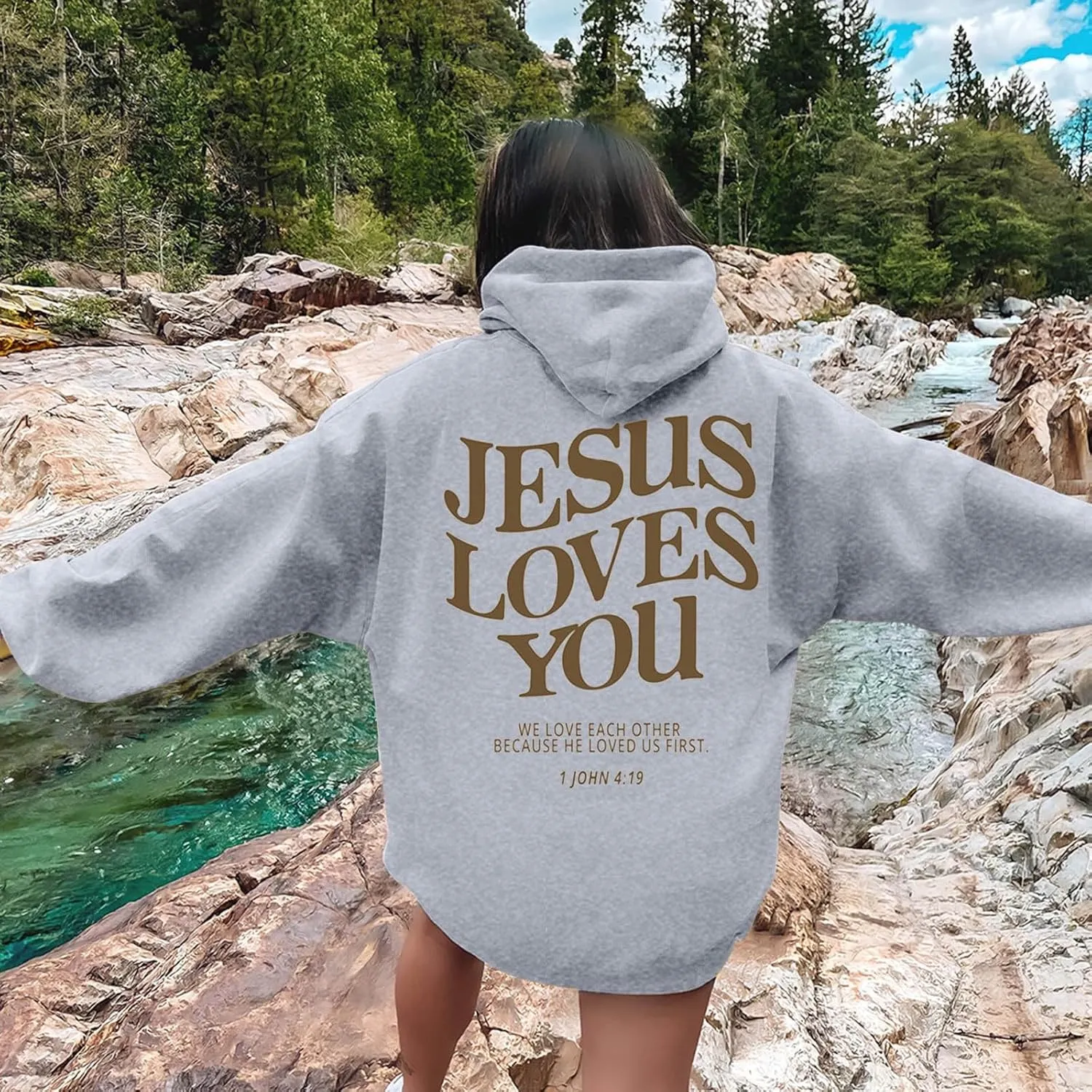 Jesus Loves You Hoodie Women Oversized Christian Hoodies Pullover Faith Jesus Sweatshirt Letter Graphic Hoodies Sweatshirts