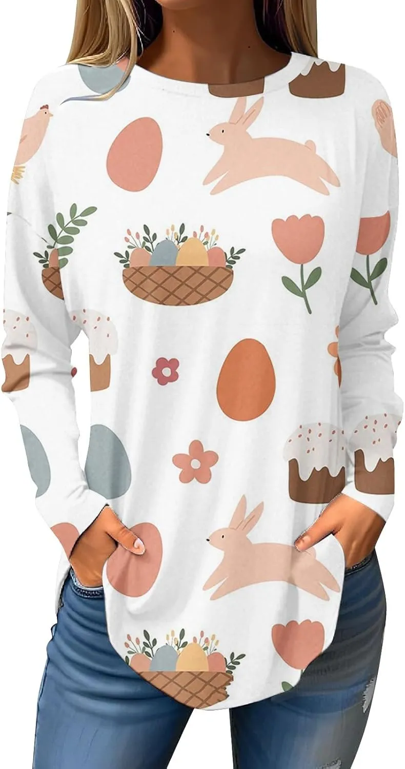 Jesus Sweatshirt Round Neck Easter Bunny Festival Happy Easter Printed Long Sleeve Loose Casual T Shirt Christian