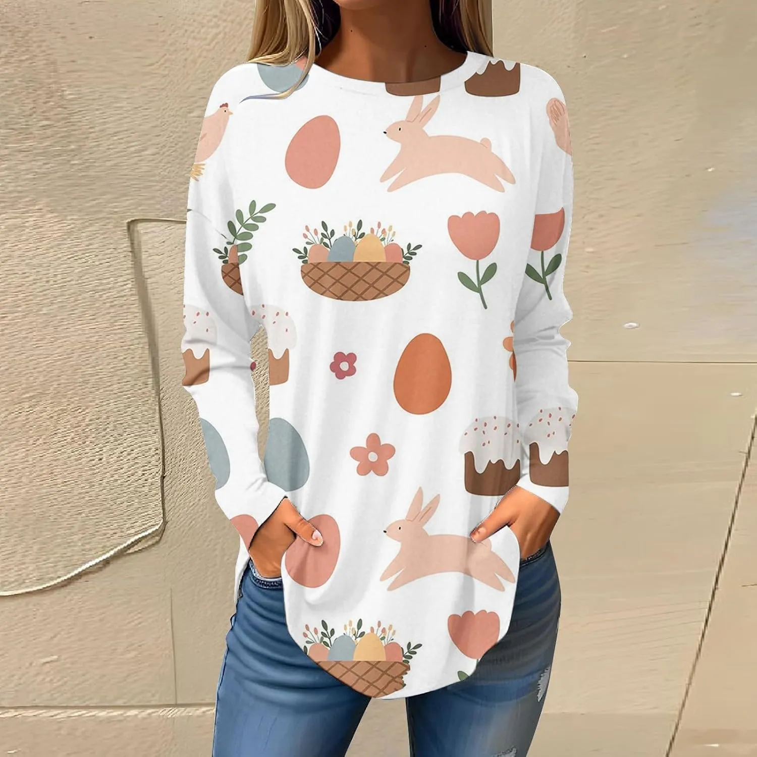 Jesus Sweatshirt Round Neck Easter Bunny Festival Happy Easter Printed Long Sleeve Loose Casual T Shirt Christian