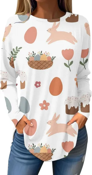Jesus Sweatshirt Round Neck Easter Bunny Festival Happy Easter Printed Long Sleeve Loose Casual T Shirt Christian