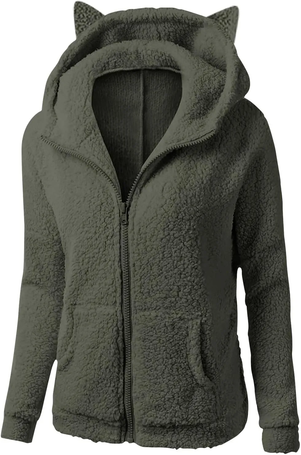 jsaierl Women Fluffy Bear Ears Cute Hooded Jacket Zip Up Hoodie Winter Double Fuzzy Warm Sweatshirt Comfy Outwear Coat