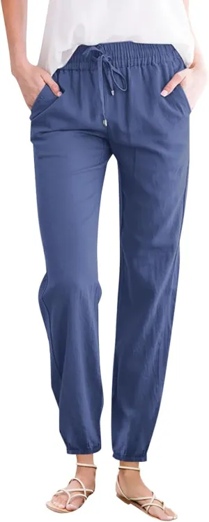 Kubbon Womens Cotton Linen Pants Casual Straight Leg Drawstring Elastic High Waist Trousers Comfy Harem Pants with Pockets
