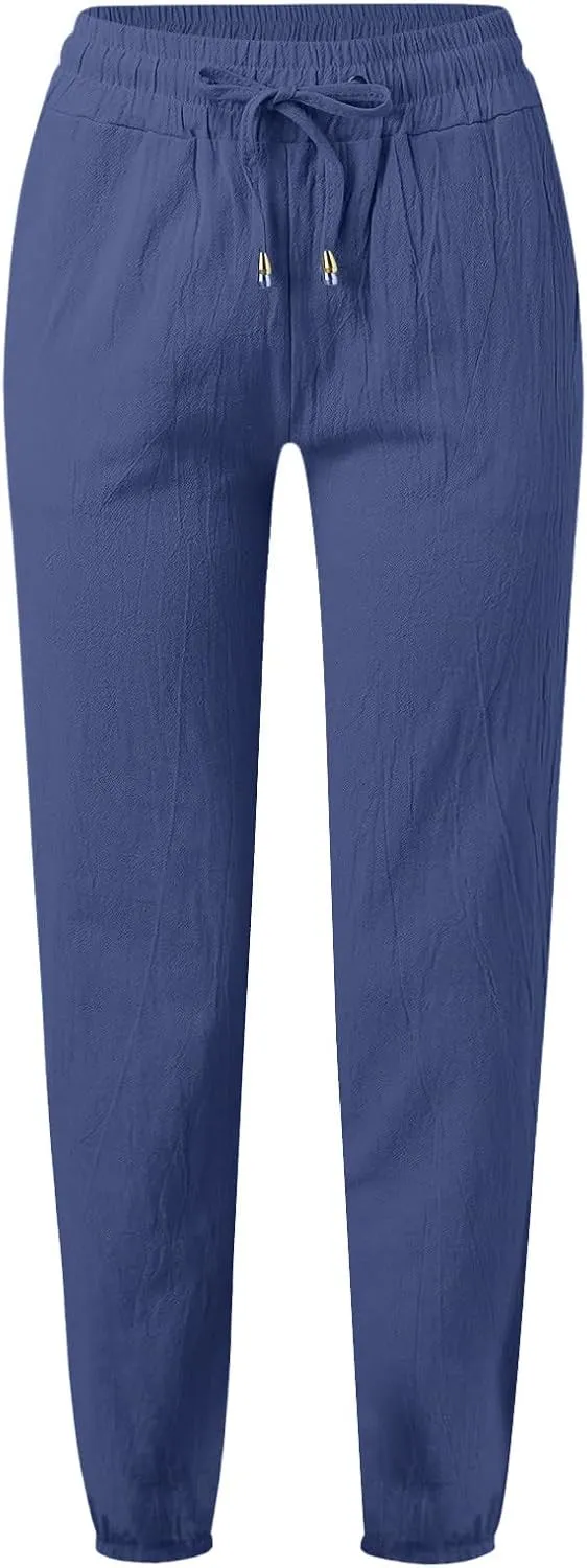 Kubbon Womens Cotton Linen Pants Casual Straight Leg Drawstring Elastic High Waist Trousers Comfy Harem Pants with Pockets