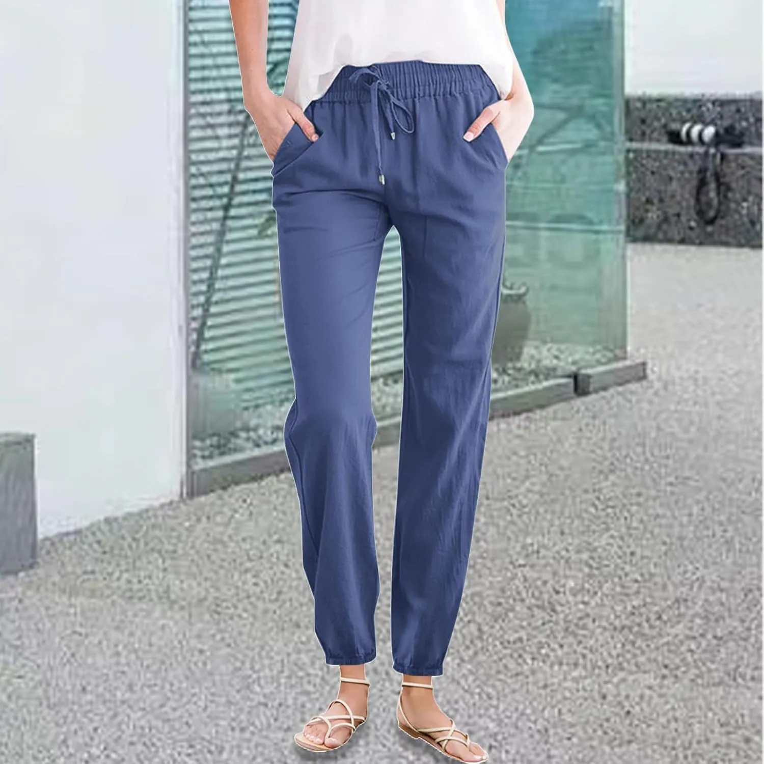 Kubbon Womens Cotton Linen Pants Casual Straight Leg Drawstring Elastic High Waist Trousers Comfy Harem Pants with Pockets