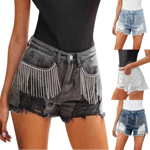 KUIOLYPOER Denim Shorts for Women Women's Summer High Waisted Rhinestone Fringe Ripped Jean Shorts Summer Hot Casual Shorts