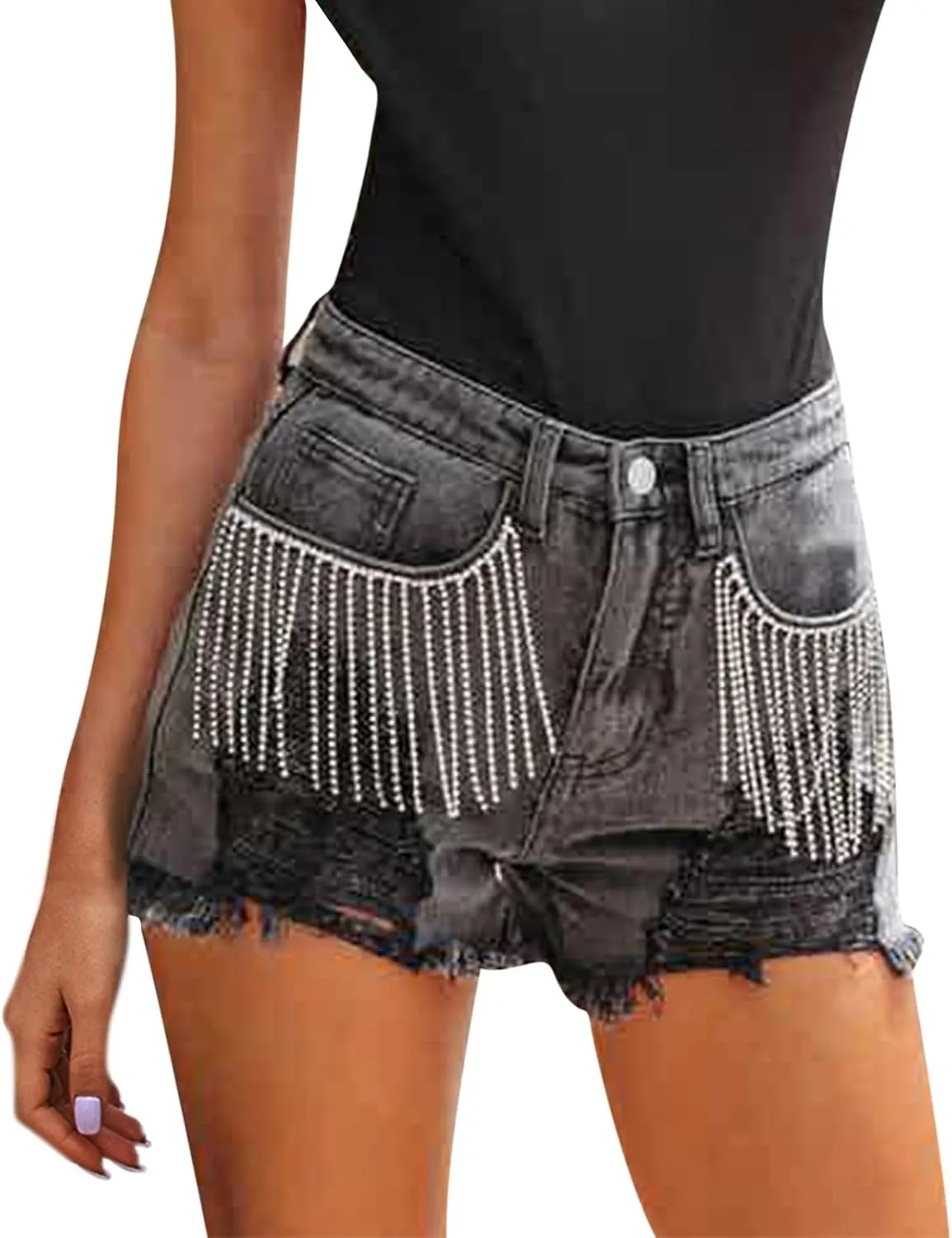 KUIOLYPOER Denim Shorts for Women Women's Summer High Waisted Rhinestone Fringe Ripped Jean Shorts Summer Hot Casual Shorts