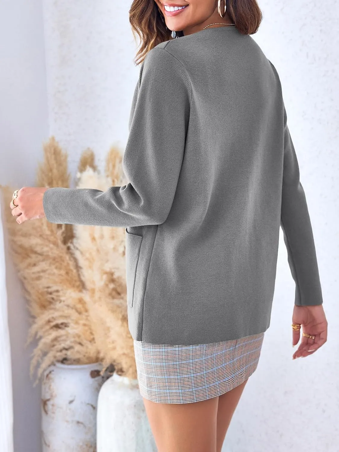 Langwyqu Womens Crew Neck Button Down Cardigan Sweaters Blazer Casual Long Sleeve Knit Solid Sweater with Pockets
