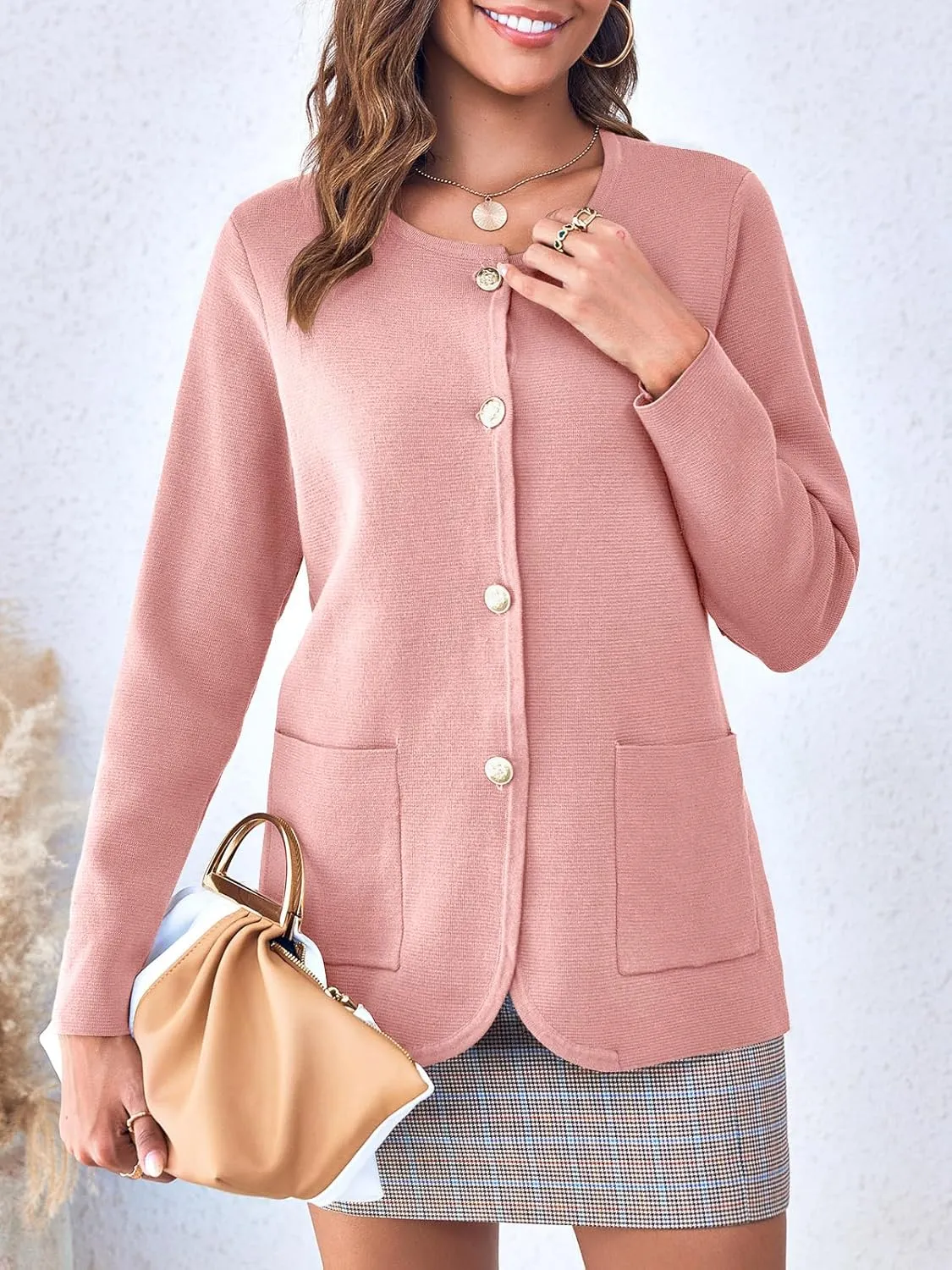 Langwyqu Womens Crew Neck Button Down Cardigan Sweaters Blazer Casual Long Sleeve Knit Solid Sweater with Pockets