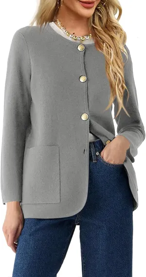 Langwyqu Womens Crew Neck Button Down Cardigan Sweaters Blazer Casual Long Sleeve Knit Solid Sweater with Pockets