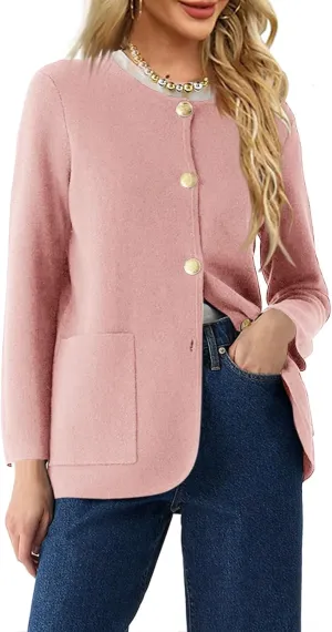 Langwyqu Womens Crew Neck Button Down Cardigan Sweaters Blazer Casual Long Sleeve Knit Solid Sweater with Pockets