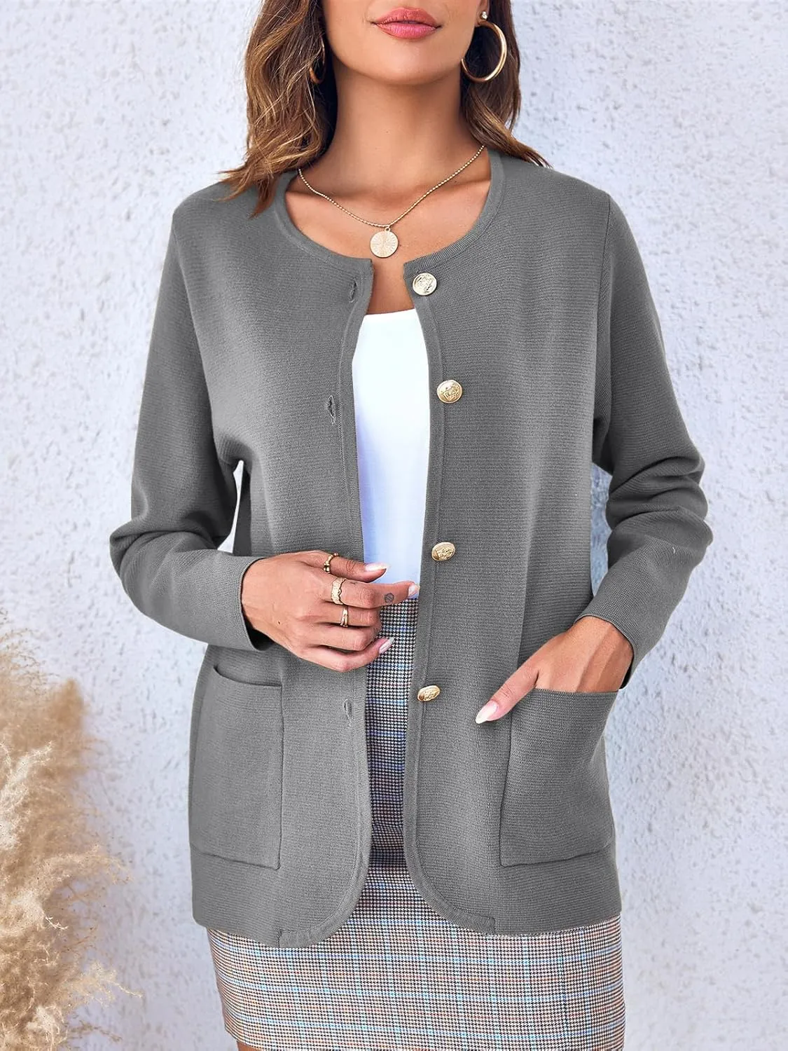Langwyqu Womens Crew Neck Button Down Cardigan Sweaters Blazer Casual Long Sleeve Knit Solid Sweater with Pockets