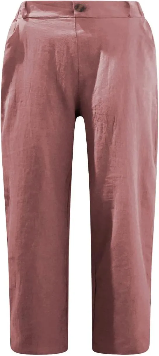 Linen Capri Pants for Women Casual Summer High Waist Wide Leg Cropped Lounge Pant Trousers Beach Vacation Outfits