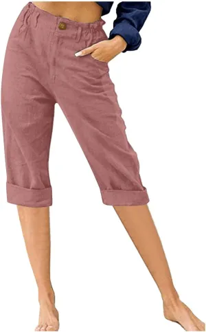 Linen Capri Pants for Women Casual Summer High Waist Wide Leg Cropped Lounge Pant Trousers Beach Vacation Outfits