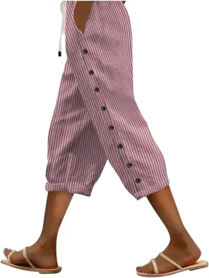 Linen Capri Pants for Women Casual Summer Lightweight Capris High Waist Drawstring Cropped Pants Side Button Trousers