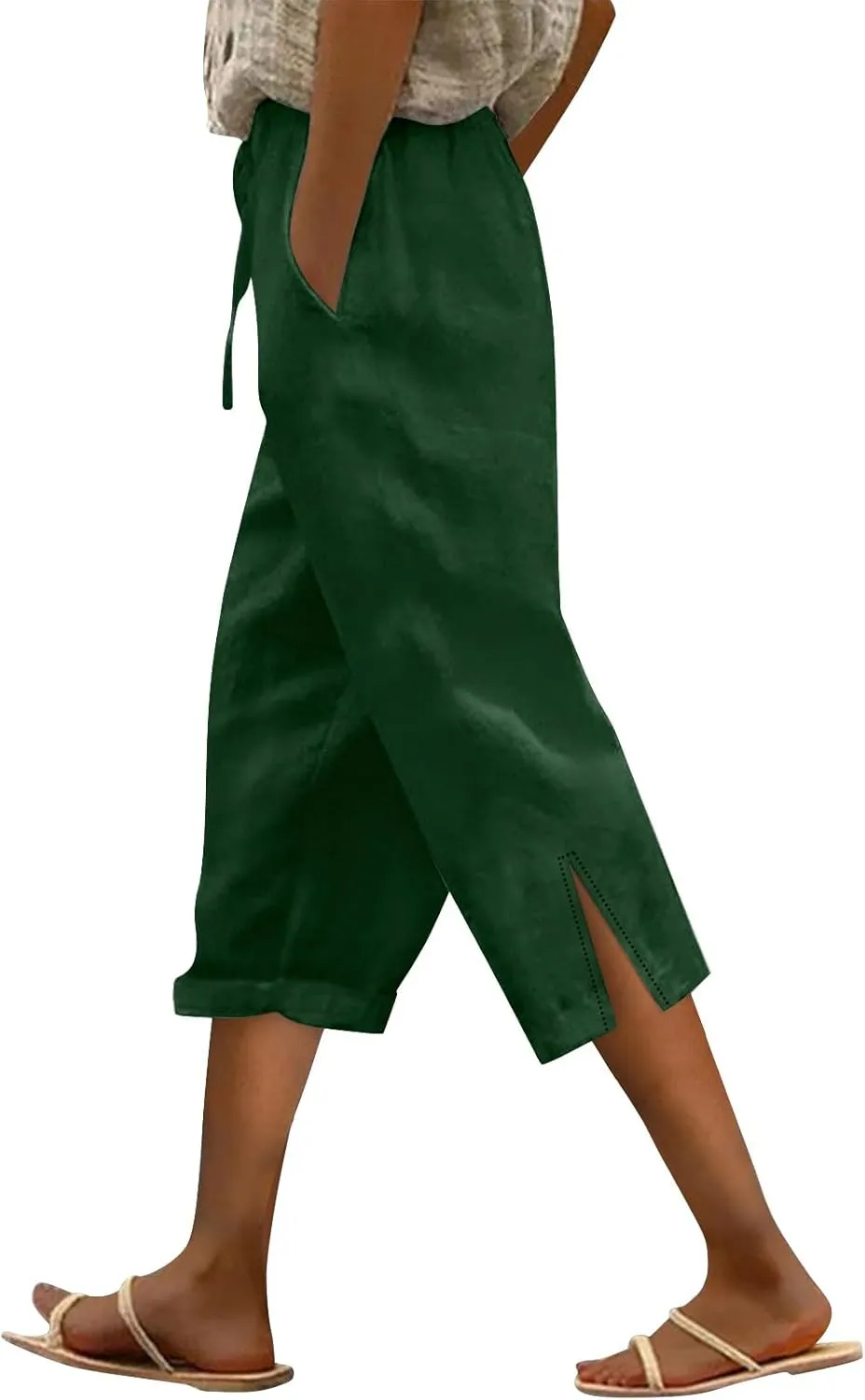 Linen Capris Pants for Women 2025 Summer High Waist Elastic Straight Leg Trousers Casual Beach Loose Fit Lounge Wear