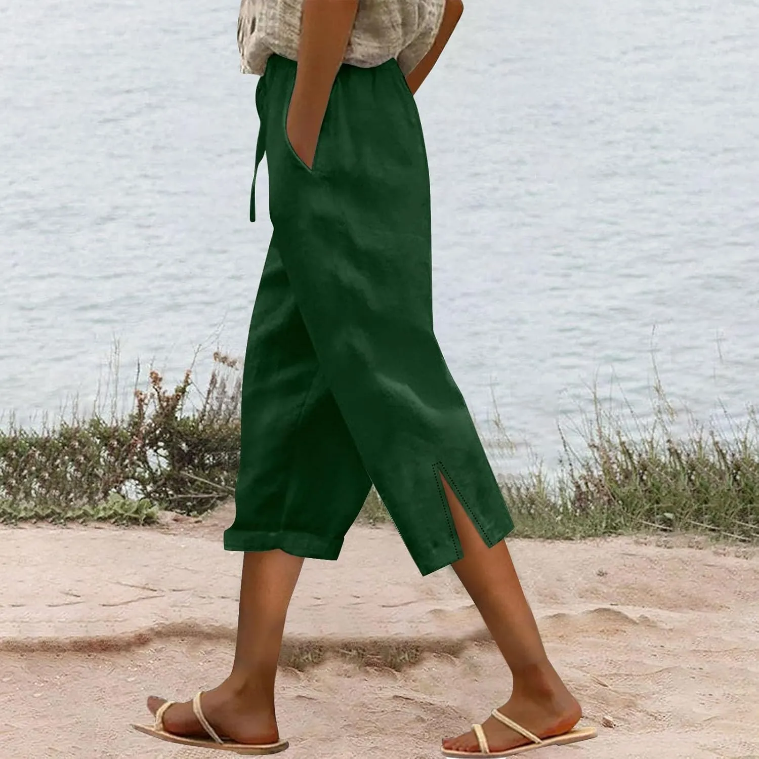 Linen Capris Pants for Women 2025 Summer High Waist Elastic Straight Leg Trousers Casual Beach Loose Fit Lounge Wear