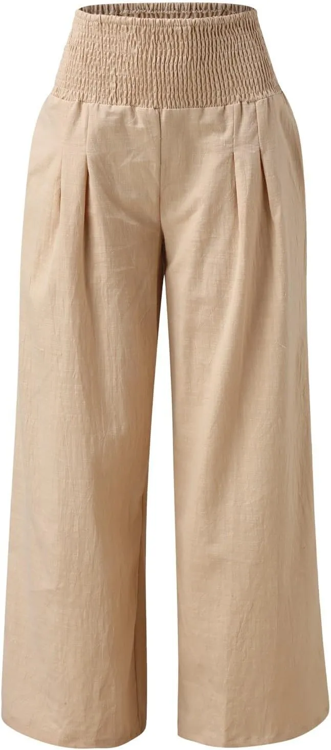 Linen Palazzo Pants for Women Summer Boho Wide Leg Pants High Waist Flowy Trousers 2025 Trendy Beach Vacation Clothes