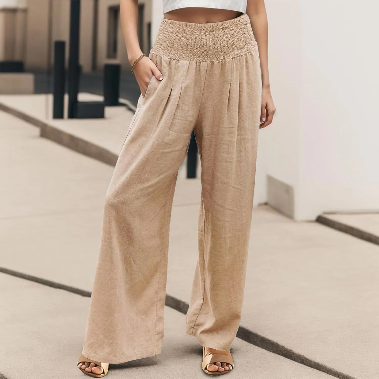 Linen Palazzo Pants for Women Summer Boho Wide Leg Pants High Waist Flowy Trousers 2025 Trendy Beach Vacation Clothes