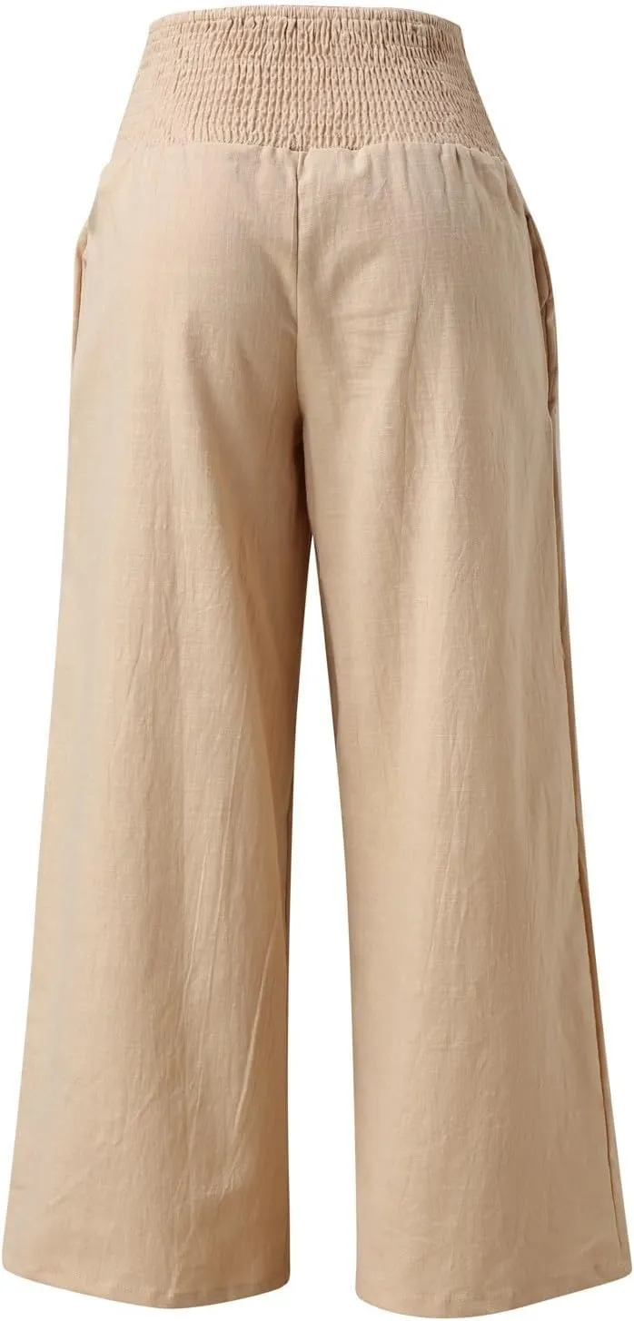 Linen Palazzo Pants for Women Summer Boho Wide Leg Pants High Waist Flowy Trousers 2025 Trendy Beach Vacation Clothes