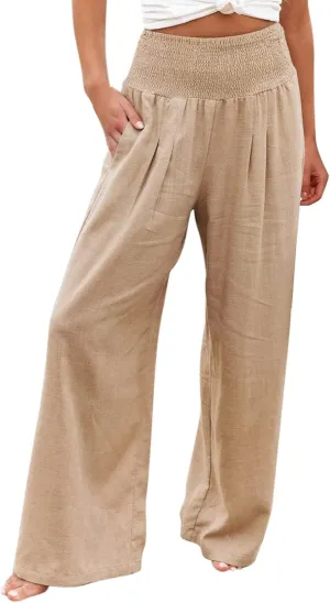 Linen Palazzo Pants for Women Summer Boho Wide Leg Pants High Waist Flowy Trousers 2025 Trendy Beach Vacation Clothes