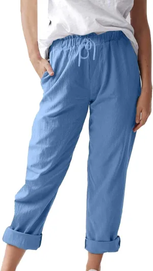 Linen Pants for Women 2025 Straight Wide Leg Lounge Pants Elastic Waist Roll Up Summer Beach Trousers with Pockets