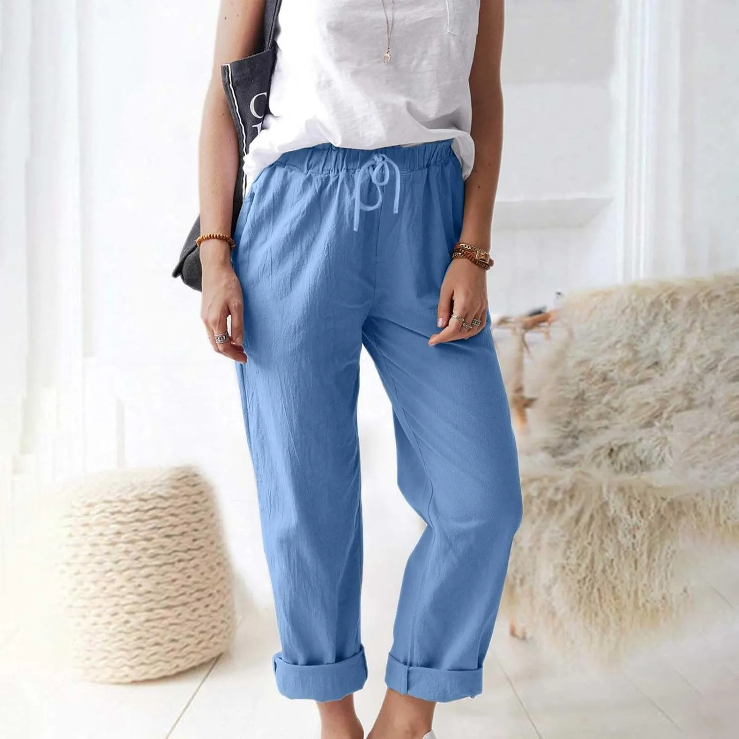 Linen Pants for Women 2025 Straight Wide Leg Lounge Pants Elastic Waist Roll Up Summer Beach Trousers with Pockets