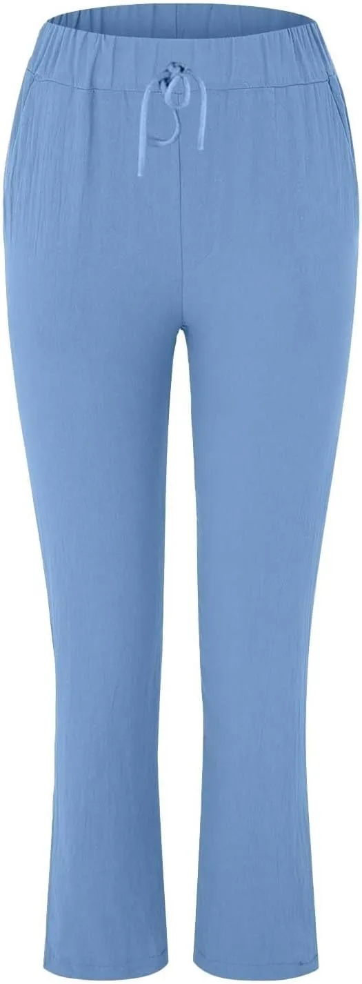 Linen Pants for Women 2025 Straight Wide Leg Lounge Pants Elastic Waist Roll Up Summer Beach Trousers with Pockets