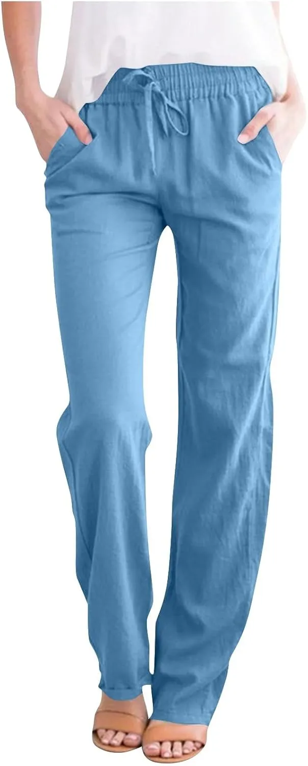 Linen Pants for Women Summer 2025 Drawstring Elastic Waist Pants High Waisted Wide Leg Pants Trousers with Pockets