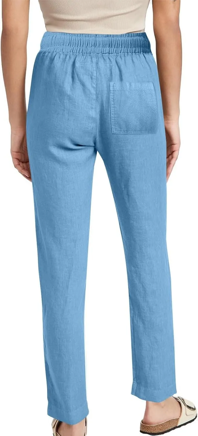 Linen Pants for Women Summer 2025 Drawstring Elastic Waist Pants High Waisted Wide Leg Pants Trousers with Pockets