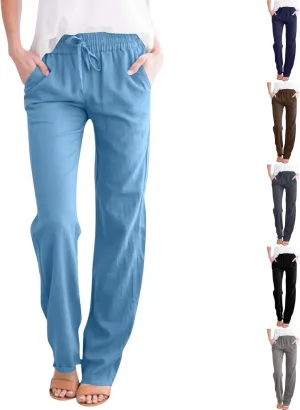 Linen Pants for Women Summer 2025 Drawstring Elastic Waist Pants High Waisted Wide Leg Pants Trousers with Pockets