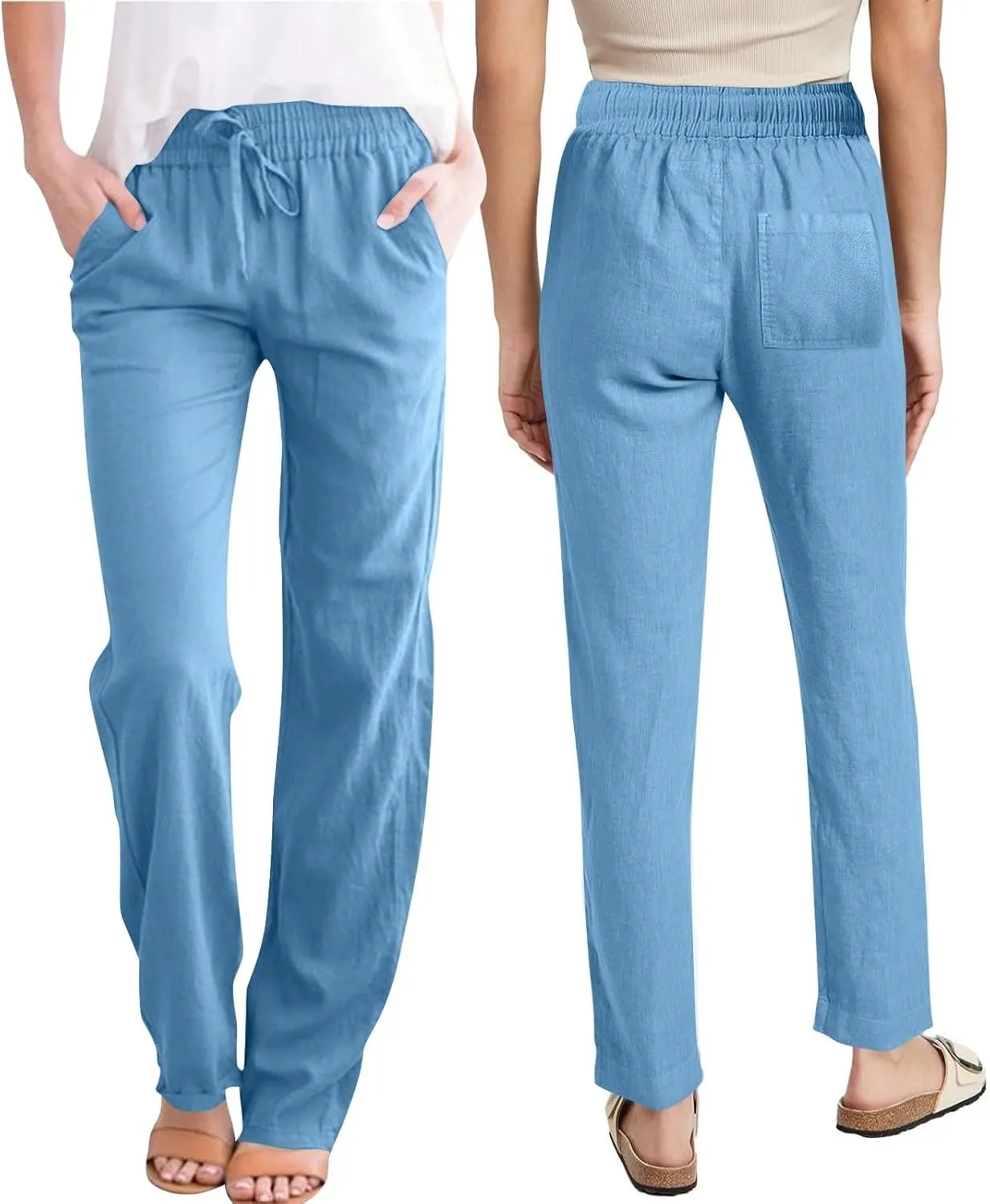 Linen Pants for Women Summer 2025 Drawstring Elastic Waist Pants High Waisted Wide Leg Pants Trousers with Pockets