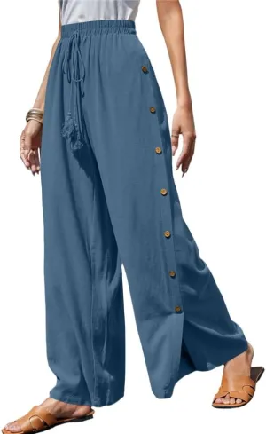 Linen Pants for Women Summer Trendy High Side Split Snap Button Pants Womens Wide Leg Beach Pants S-3XL