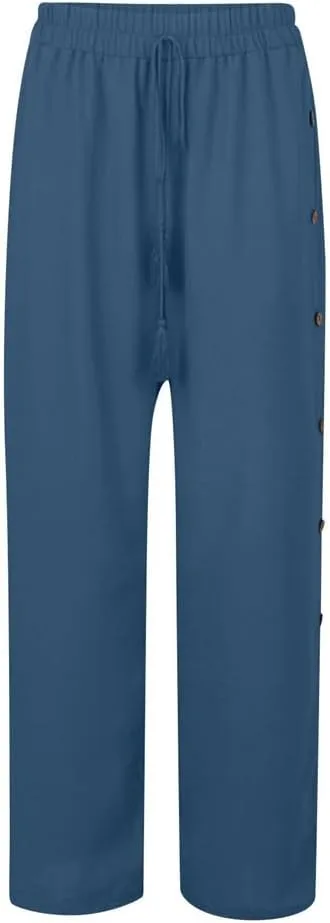 Linen Pants for Women Summer Trendy High Side Split Snap Button Pants Womens Wide Leg Beach Pants S-3XL