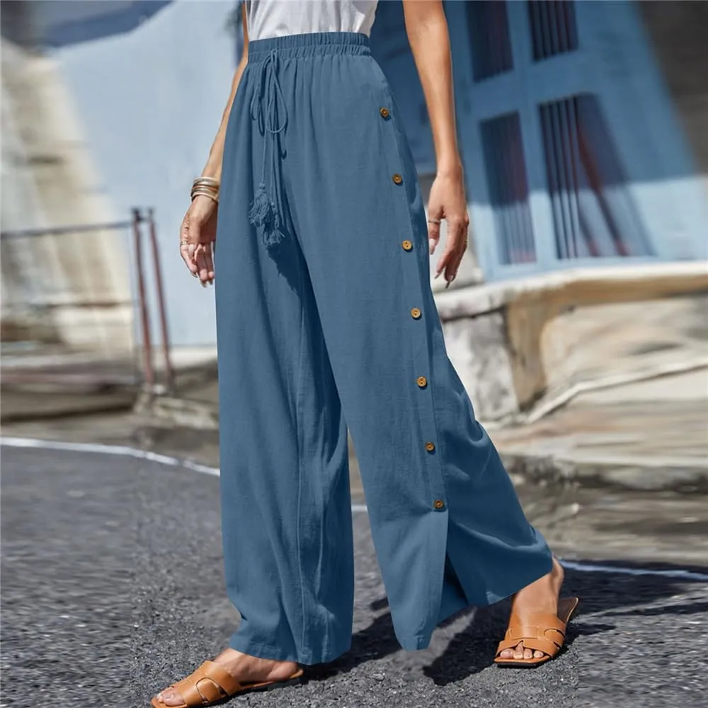 Linen Pants for Women Summer Trendy High Side Split Snap Button Pants Womens Wide Leg Beach Pants S-3XL