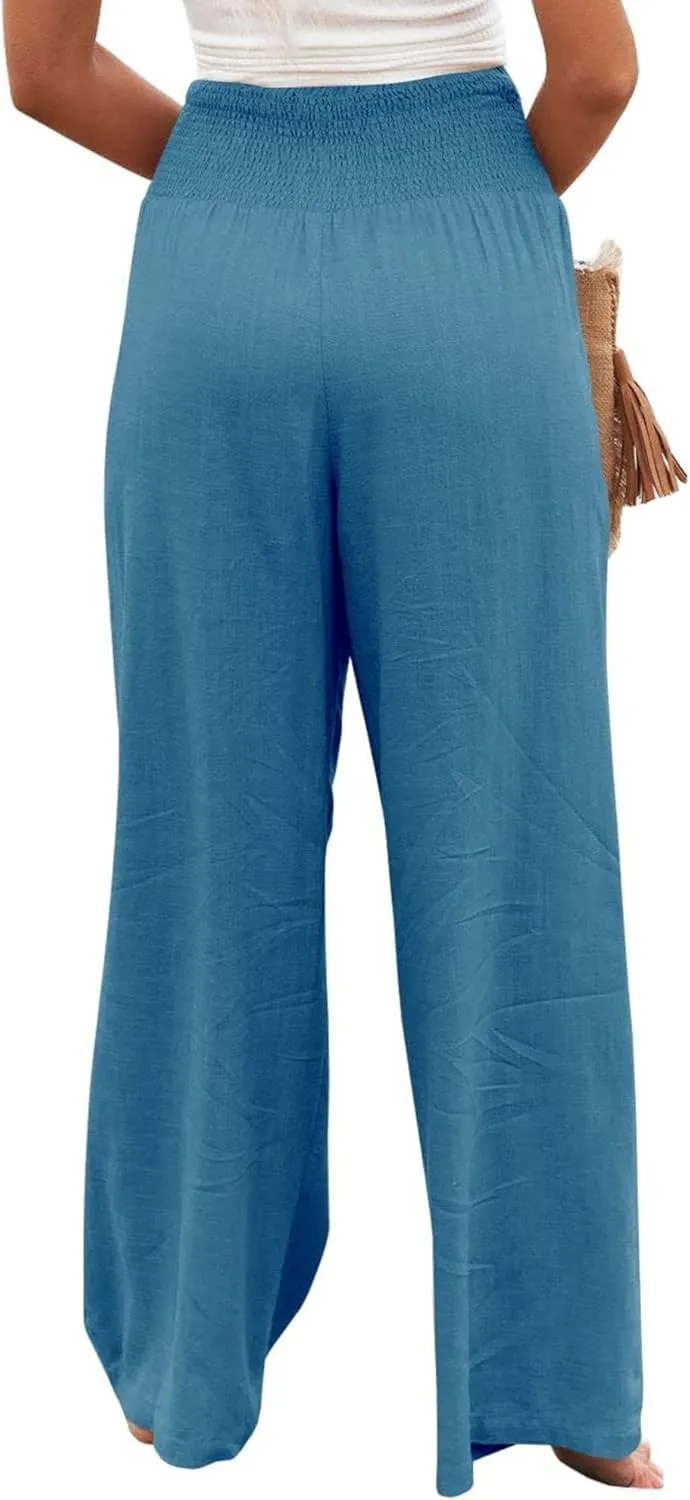 Linen Pants for Women Wide Leg Long Trousers Casual Loose Straight Tottoms Elastic Waist High Waist Pant with Pockets
