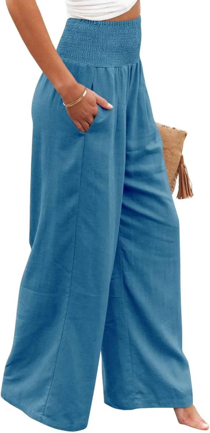 Linen Pants for Women Wide Leg Long Trousers Casual Loose Straight Tottoms Elastic Waist High Waist Pant with Pockets