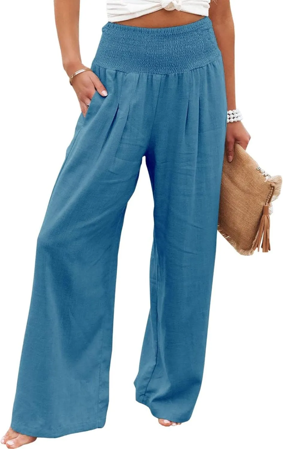 Linen Pants for Women Wide Leg Long Trousers Casual Loose Straight Tottoms Elastic Waist High Waist Pant with Pockets