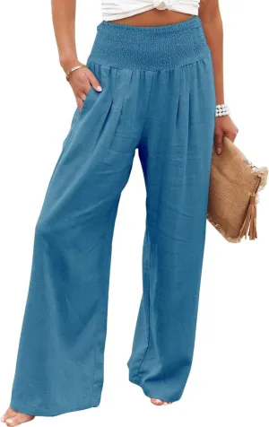 Linen Pants for Women Wide Leg Long Trousers Casual Loose Straight Tottoms Elastic Waist High Waist Pant with Pockets