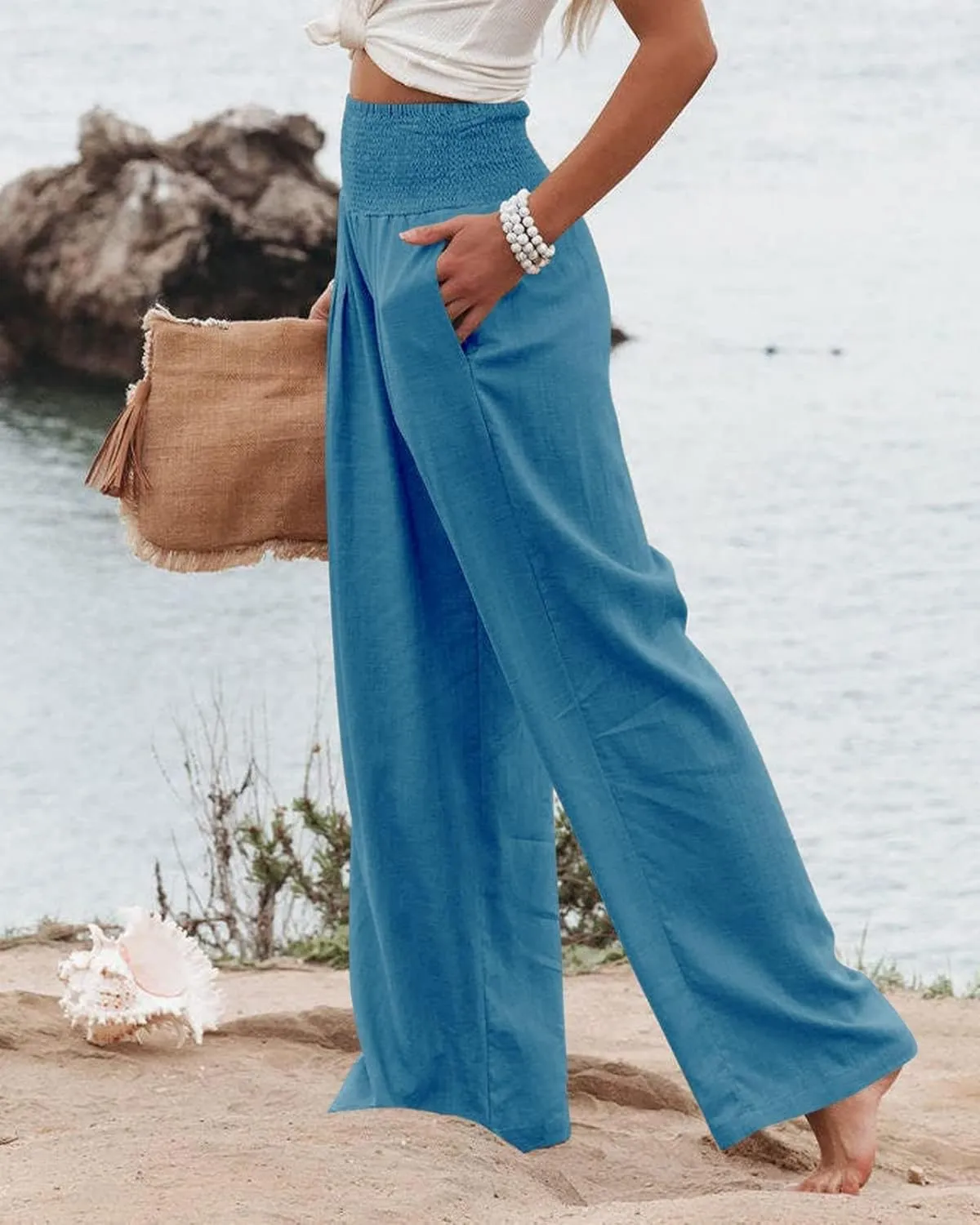 Linen Pants for Women Wide Leg Long Trousers Casual Loose Straight Tottoms Elastic Waist High Waist Pant with Pockets