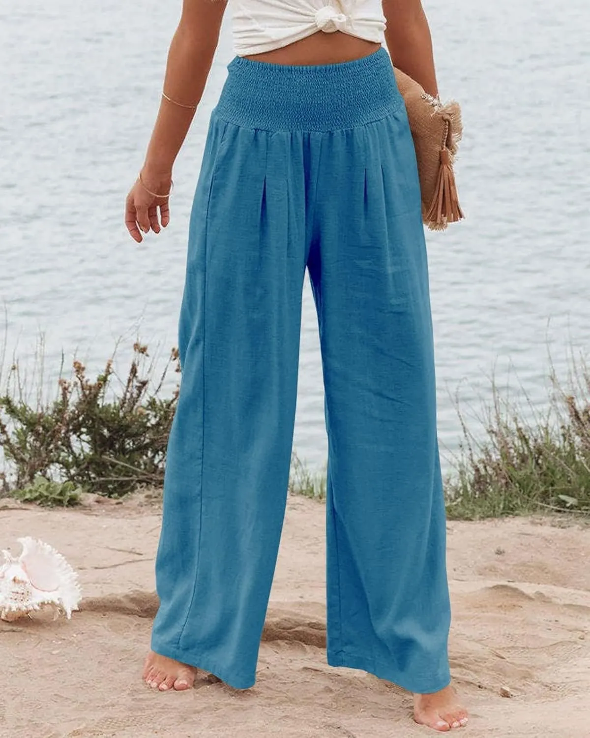Linen Pants for Women Wide Leg Long Trousers Casual Loose Straight Tottoms Elastic Waist High Waist Pant with Pockets