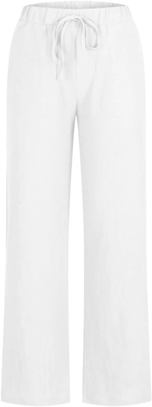 Linen Pants Women Lightweight Wide Leg Pants Loose Fit Drawstring High Waist Straight Trousers with Pockets Summer