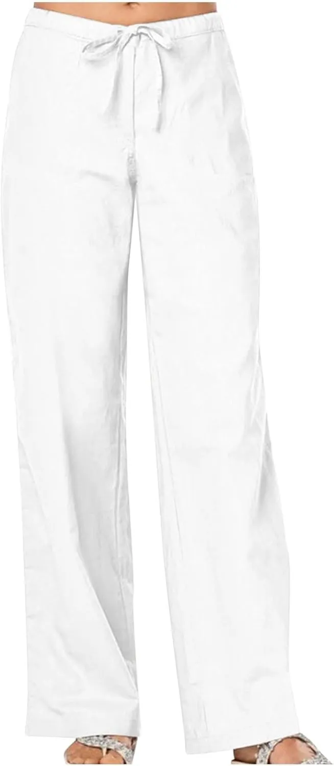 Linen Pants Women Lightweight Wide Leg Pants Loose Fit Drawstring High Waist Straight Trousers with Pockets Summer