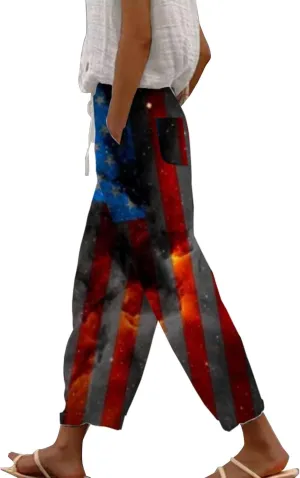 Linen Pants Women Petite Short Sleeve Independence Day American Flag Print Family Print Pants Pants for Women 2024