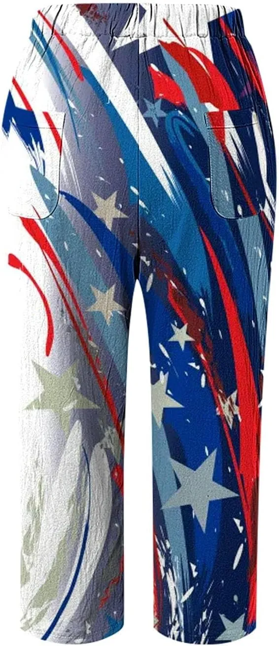 Linen Pants Women Petite Short Sleeve Independence Day American Flag Print Family Print Pants Pants for Women 2024
