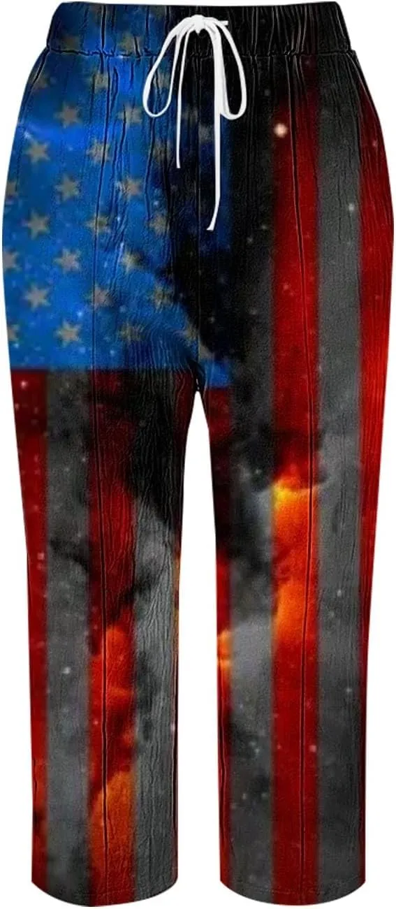 Linen Pants Women Petite Short Sleeve Independence Day American Flag Print Family Print Pants Pants for Women 2024